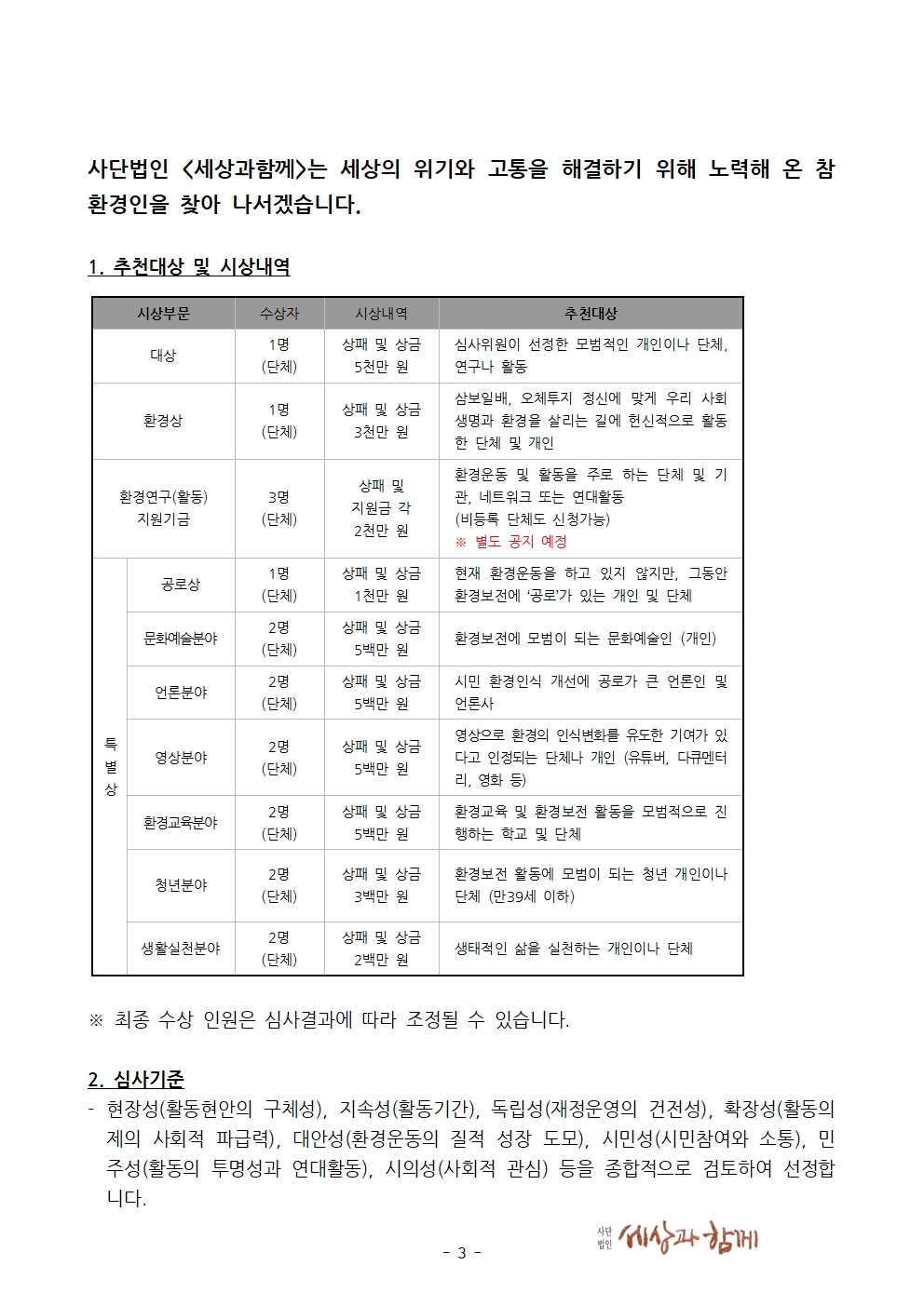 1. [보도자료] 세상과함께 - 환경상 제정 - 20200831003.jpg